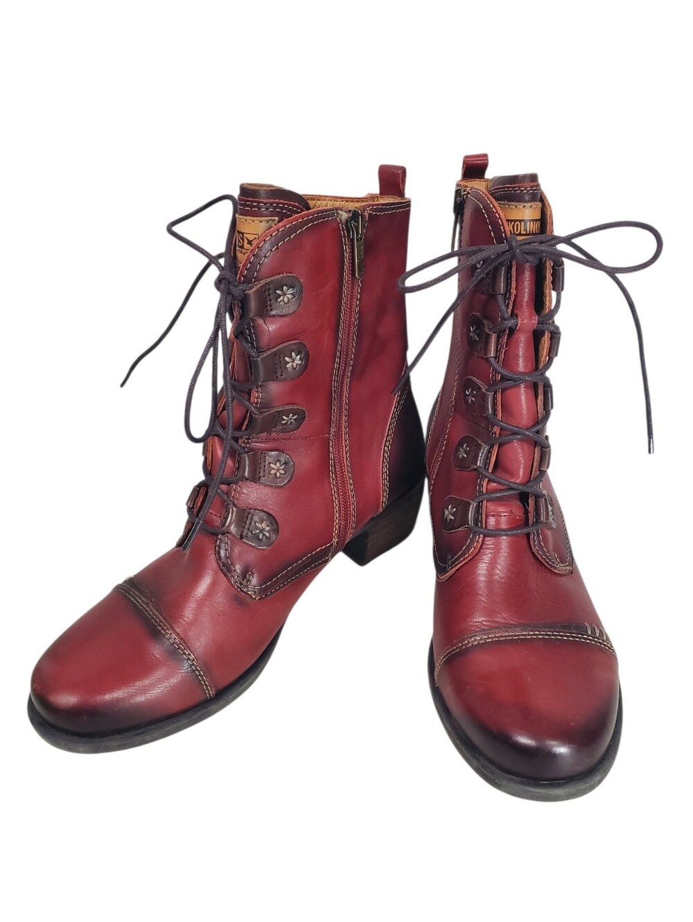Pikolinos Le Mans Leather Block Heel Combate Boots 8-8.5 Wine Red Whimsigoth
